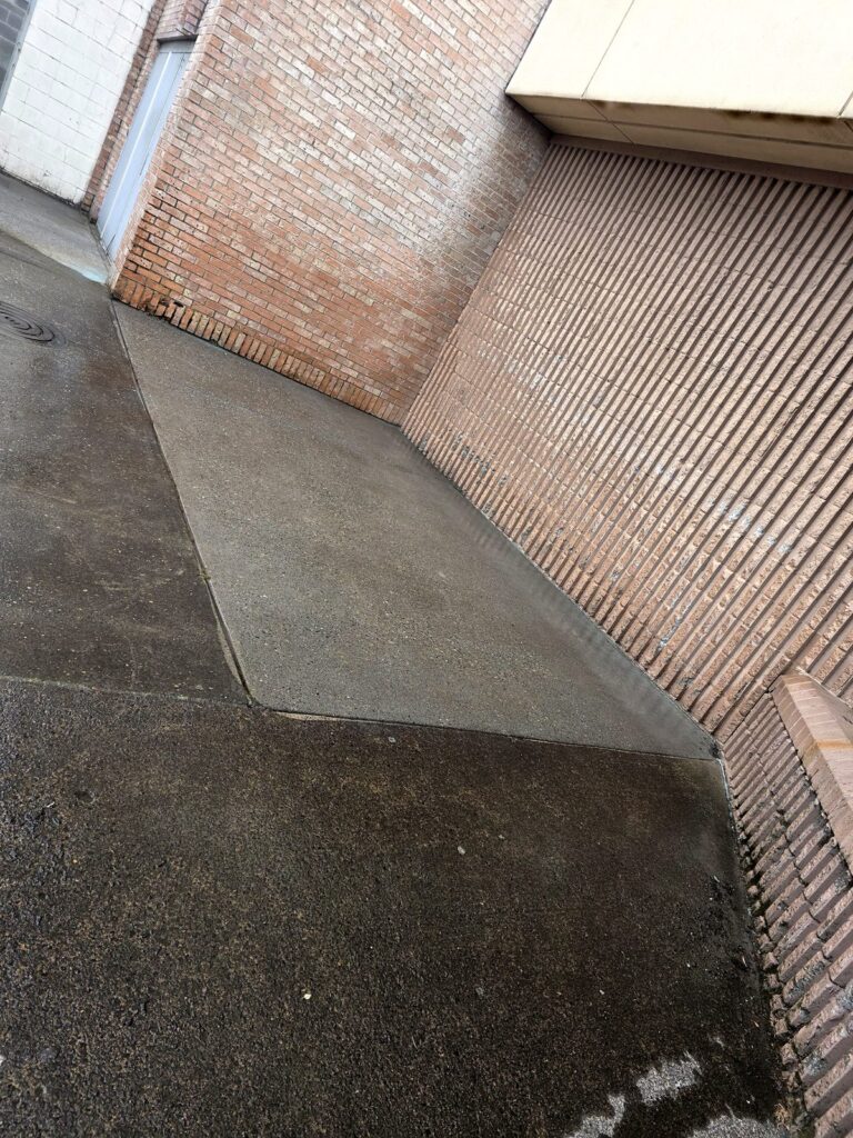 Mid-clean concrete showing a sharp line between mossy dirty surface and freshly cleaned aggregate in Vancouver, WA