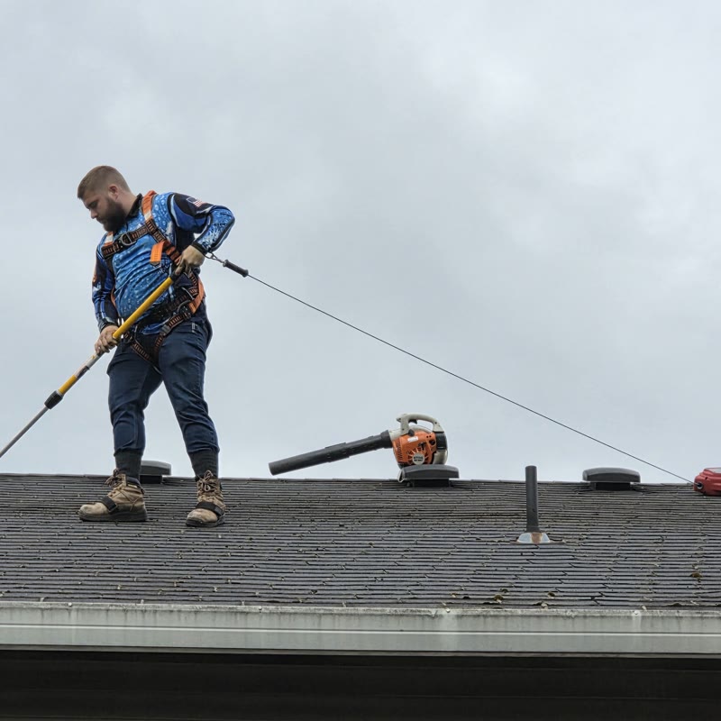 Dakota Grindland soft washing a roof in Vancouver WA