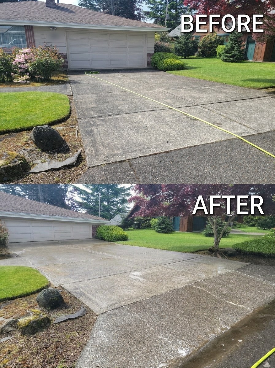 Concrete driveway before and after moss removal in Vancouver, WA