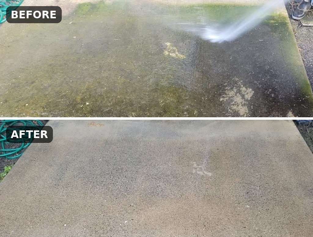 Mossy walkway before and after pressure washing in Clark County, WA